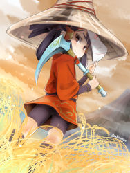 Rule 34 | 1girl, akino shuu, bike shorts, black hair, black shorts, brown eyes, brown headwear, brown sky, closed mouth, cloud, commentary request, field, fox mask, from behind, hair rings, hands up, holding, holding mask, japanese clothes, kimono, long sleeves, looking at viewer, looking back, mask, mountain, outdoors, red kimono, sakuna-hime, short shorts, shorts, sky, smile, solo, standing, tensui no sakuna-hime, twitter username, wheat field