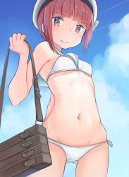 Rule 34 | 1girl, bag, bikini, blue sky, brown eyes, brown hair, cloud, commentary request, cowboy shot, day, from below, gluteal fold, hat, highres, kabayaki namazu, kantai collection, looking at viewer, outdoors, sailor bikini, sailor collar, sailor hat, short hair, sky, solo, swimsuit, white bikini, white hat, white sailor collar, z3 max schultz (kancolle)