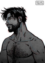 Rule 34 | 1boy, aged up, bad id, bad tumblr id, bara, beard, black hair, chest hair, cris art, facial hair, greyscale, hairy, looking ahead, male focus, marvel, mature male, monochrome, mustache, nipples, nude, pectorals, short hair, sideburns, solo, thick eyebrows, toned, toned male, upper body, wiccan