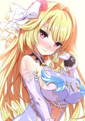 Rule 34 | 1girl, bad id, bad pixiv id, bare shoulders, blonde hair, blush, bow, breasts, bustier, clothing cutout, dress, elbow gloves, flower, frills, gloves, hair bow, hair flower, hair intakes, hair ornament, halterneck, highres, large breasts, long hair, looking at viewer, navel cutout, nose blush, pink flower, pink rose, purple eyes, rose, shiny skin, shironeko project, sierra (shironeko project), sigma rio, smile, solo, upper body, very long hair, white background, white bow, white dress, white gloves