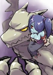 Rule 34 | alternate form, blue hair, blue skin, breasts, carrying over shoulder, claws, cleavage, colored skin, detached collar, detached sleeves, dragon, dress, hair tie, highres, leviathan (skullgirls), monster, mtk hoshi, sitting, sitting on person, skullgirls, smile, squigly (skullgirls), striped, twintails, yellow eyes