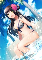 Rule 34 | 1girl, achiki, bikini, black hair, blue sky, blurry, blush, breasts, cleavage, cloud, cloudy sky, day, depth of field, dutch angle, floral print, front-tie bikini top, front-tie top, green eyes, knees together feet apart, long hair, looking at viewer, medium breasts, navel, open mouth, original, outdoors, palm tree, pool, poolside, sidelocks, sitting, sky, smile, soaking feet, solo, splashing, strap gap, swimsuit, thighs, tree, white bikini