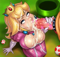Rule 34 | aaaninja, ahegao, bestiality, blonde hair, blue eyes, bowser, breasts, cleavage, cock ring, crown, cum, cum in mouth, cum in nose, cum on body, cum on breasts, cum on hair, cum on upper body, elbow gloves, erection, excessive cum, facial, fellatio, gloves, hetero, highres, jewelry, large breasts, large penis, lipstick, lipstick mark, lipstick mark on penis, long hair, makeup, mario (series), medium breasts, necklace, nintendo, oral, penis, princess peach, sex toy, super mario bros. 1, uncensored, warp pipe