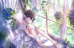 Rule 34 | 1girl, black hair, collarbone, criss-cross halter, dress, dutch angle, eyelashes, feet, flower, frilled dress, frills, full body, game cg, hair flower, hair ornament, halterneck, hands on own leg, idolmaster, idolmaster cinderella girls, idolmaster cinderella girls starlight stage, knees up, legs, looking at viewer, medium hair, off-shoulder dress, off shoulder, official art, plant, potted plant, purple eyes, sandals, shirayuki chiyo, sitting in window, solo, toenails, toes, white dress, white footwear, window