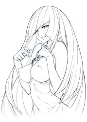 Rule 34 | 1girl, alternate breast size, bare shoulders, breasts, breasts out, creatures (company), dress, female focus, game freak, highres, long hair, looking at viewer, lusamine (pokemon), monochrome, mushi024, nintendo, nipples, pokemon, pokemon sm, simple background, sketch, sleeveless, smile, solo, very long hair, white background