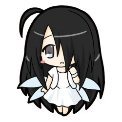 Rule 34 | 1girl, :o, barefoot, black hair, blue wings, blush stickers, chibi, commentary request, dress, fairy wings, full body, grey eyes, hand up, jacket, long hair, one side up, original, parted lips, ri-net, short sleeves, simple background, solo, very long hair, white background, white dress, white jacket, wings, wristband