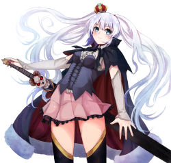 Rule 34 | 1girl, black thighhighs, blue eyes, blush, cape, cowboy shot, crown, light purple hair, long hair, looking at viewer, mini crown, qunqing, sennen sensou aigis, simple background, skirt, skull, solo, sword, sybilla, thighhighs, twintails, very long hair, weapon, white background