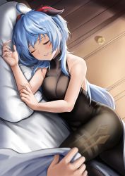 Rule 34 | 1girl, absurdres, ahoge, bare arms, bare shoulders, black leotard, black pantyhose, blanket, blue hair, blush, breasts, closed eyes, dutch angle, dvdraw, ganyu (genshin impact), genshin impact, highres, holding, horns, leotard, long hair, lying, medium breasts, on bed, on side, pantyhose, parted lips, pillow, sleeping, smile, solo focus, very long hair