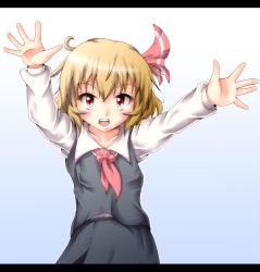Rule 34 | 1girl, blonde hair, blush, embodiment of scarlet devil, female focus, hair ribbon, letterboxed, messy hair, nekotama shun, open mouth, outstretched arms, red eyes, ribbon, rumia, short hair, simple background, solo, spread arms, touhou