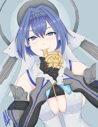 Rule 34 | absurdres, alexk, blue eyes, blue hair, breasts, eating, food, highres, hololive, hololive english, ouro kronii, saturn devouring his son, sideboob, smol ame, solo, taiyaki, virtual youtuber, wagashi, watson amelia