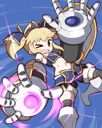 Rule 34 | &gt; o, 1girl, action, arm up, armor, armored boots, average-hanzo, black thighhighs, blonde hair, blue armor, blue background, boots, breastplate, charging device, floating hair, full body, giant fist, gloves, green eyes, hair ornament, hair ribbon, knee boots, leg up, midriff, mika returna, oekaki, one eye closed, open mouth, pixel art, ribbon, shorts, smile, solo, thighhighs, thighhighs under boots, twintails, under night in-birth, under night in-birth exe:late[st], weapon