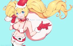 Rule 34 | 1girl, bikini, bikini top only, blonde hair, blue eyes, boots, breasts, christmas, fur trim, gambier bay (kancolle), gloves, hairband, hat, kantai collection, large breasts, merry christmas, midriff, nakaaki masashi, navel, personification, red gloves, sack, santa costume, santa hat, short shorts, shorts, solo, swimsuit, thigh boots, thighhighs, twintails