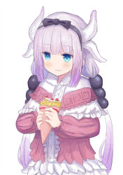 Rule 34 | 1girl, :t, ame sagari, black bow, blue eyes, blunt bangs, bow, buttons, capelet, cardigan, center frills, chewing, closed mouth, commentary, cowboy shot, crepe, crumbs, dragon girl, dragon horns, eating, food, frilled capelet, frills, fur-trimmed capelet, fur trim, hair bobbles, hair bow, hair ornament, holding, holding food, horns, kanna kamui, kobayashi-san chi no maidragon, light blush, long hair, long sleeves, looking ahead, low twintails, multiple horns, pink cardigan, pink sleeves, purple hair, shirt, simple background, solo, twintails, very long hair, white background, white capelet, white horns, white shirt