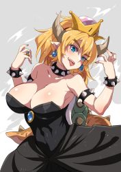 Rule 34 | 1girl, armlet, bare shoulders, black dress, blonde hair, blue eyes, blush, body blush, bowsette, bracelet, breasts, cleavage, collar, collarbone, covered navel, crown, dress, earrings, fingernails, highres, horns, inue shinsuke, jewelry, large breasts, long hair, looking at viewer, mario (series), nail polish, new super mario bros. u deluxe, nintendo, ring, sharp fingernails, sharp teeth, shiny clothes, shiny skin, solo, spiked armlet, spiked bracelet, spiked collar, spiked shell, spiked tail, spikes, super crown, tail, teeth, turtle shell