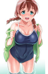 Rule 34 | 1girl, :d, aqua eyes, bare arms, bare shoulders, blue one-piece swimsuit, blush, braid, breasts, brown hair, cleavage, collarbone, competition school swimsuit, contrapposto, covered navel, cowboy shot, curvy, emma verde, fingernails, freckles, gonta (gshoutai), green hoodie, green jacket, groin, highres, hood, hooded jacket, hoodie, jacket, large breasts, long hair, looking at viewer, love live!, love live! nijigasaki high school idol club, love live! school idol festival, low twin braids, low twintails, narrow waist, off shoulder, one-piece swimsuit, open mouth, partially submerged, raised eyebrows, removing jacket, school swimsuit, skin tight, skindentation, smile, solo, spaghetti strap, swimsuit, tareme, taut clothes, taut swimsuit, teeth, twin braids, twintails, wading, water, wet, wet clothes, wet hair, white background, wide hips
