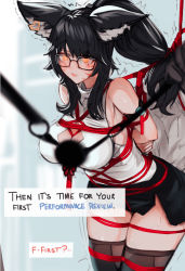 Rule 34 | 1girl, ahri (league of legends), animal ear fluff, animal ears, arms behind back, ball gag, bare shoulders, bdsm, black hair, black skirt, black thighhighs, bondage, bound, box tie, breast bondage, breasts, cleavage cutout, clothing cutout, commentary, commentary request, ehrrr, english commentary, english text, facial mark, fox ears, fox girl, fox tail, gag, glasses, highres, holding gag, imminent gagging, large breasts, league of legends, leaning forward, long hair, office lady, orange eyes, pencil skirt, rope, shibari, shirt, skirt, sleeveless, sleeveless shirt, solo, tail, thighhighs, trembling, whisker markings, white shirt