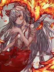 Rule 34 | 1girl, bird, bow, commentary, falling feathers, feathers, fiery wings, fire, fujiwara no mokou, hair bow, highres, long hair, looking at viewer, myui17901139, ofuda, ofuda on clothes, pants, phoenix, red eyes, red pants, shirt, solo, suspenders, torn clothes, torn shirt, touhou, very long hair, white hair, wings