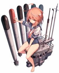 Rule 34 | 1girl, ahoge, barefoot, beize (garbage), black one-piece swimsuit, blue sailor collar, full body, hair ornament, i-58 (kancolle), kantai collection, looking at viewer, machinery, neckerchief, one-piece swimsuit, pink eyes, pink hair, pink neckerchief, sailor collar, sailor shirt, school swimsuit, school uniform, serafuku, shirt, short hair, simple background, sitting, solo, swimsuit, swimsuit under clothes, torpedo, type 93 torpedo, type 95 torpedo, white background