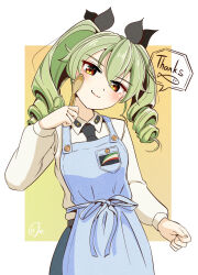 Rule 34 | 1girl, anchovy (girls und panzer), anzio school uniform, apron, artist name, black necktie, black ribbon, black skirt, blue apron, cafe dachscafe, closed mouth, commentary, dress shirt, drill hair, emblem, english text, girls und panzer, green hair, hair ribbon, head tilt, highres, holding, holding spoon, long hair, long sleeves, looking at viewer, necktie, pleated skirt, ribbon, school uniform, shirt, signature, skirt, smile, solo, spoon, standing, thank you, twin drills, twintails, white shirt, wing collar, yellow eyes