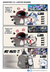 Rule 34 | !?, &gt; &lt;, 1boy, 1other, 3girls, 3koma, ambiguous gender, anger vein, animal ear fluff, animal ears, arknights, armor, arms up, artist name, black coat, black jacket, blue hair, cat ears, ch&#039;en (arknights), closed eyes, coat, comic, commentary, doctor (arknights), english commentary, english text, finger to mouth, grey hair, head wings, highres, hitting, irene (arknights), jacket, kinohara kossuta, long hair, mizuki (arknights), motion blur, mudrock (arknights), multiple girls, open mouth, rhodes island logo (arknights), rosmontis (arknights), scar, scar across eye, specter (arknights), specter the unchained (arknights), white coat, white hair, wings