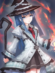 Rule 34 | 1girl, bad id, bad pixiv id, blue eyes, blue hair, hat, holding, holding staff, long hair, looking at viewer, mages., mole, mole under eye, necktie, neptune (series), solo, staff, suterisu, witch hat