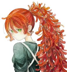 Rule 34 | 1girl, flower, from behind, green eyes, hair between eyes, kamura gimi, long hair, looking at viewer, looking back, original, personification, plant hair, red hair, simple background, solo, spider lily, upper body, white background