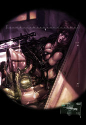 Rule 34 | 1boy, 1girl, asphyxiation, between thighs, bikini, bikini top only, breasts, brown hair, cleavage, faymantra, gun, highres, large breasts, looking at viewer, mask, metal gear (series), metal gear solid v: the phantom pain, pantyhose, parted lips, quiet (metal gear), rifle, scope, sitting, sitting on face, sitting on person, smother, sniper rifle, swimsuit, torn clothes, torn legwear, weapon