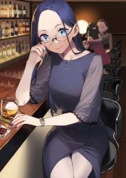 Rule 34 | 3girls, 92m, alcohol, bar (place), blue dress, blue eyes, blue hair, blue nails, bottle, closed mouth, cup, dateko (92m), dress, drinking glass, earrings, forehead, glasses, highres, indoors, jewelry, long hair, looking at viewer, multiple girls, nail polish, necklace, original, sitting, solo focus, watch