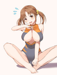 Rule 34 | 10s, 1girl, bare shoulders, barefoot, breasts, brown eyes, brown hair, female focus, front zipper swimsuit, hair bobbles, hair ornament, haruichi (komikal), idolmaster, idolmaster cinderella girls, large breasts, looking at viewer, meme attire, one-piece swimsuit, solo, swimsuit, totoki airi, twintails, unzipped