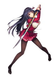 Rule 34 | 1girl, absurdres, black hair, fighting stance, full body, hairband, highres, hikawa marika, holding, holding sword, holding weapon, legs apart, loafers, long hair, long sleeves, looking at viewer, official art, omega labyrinth, pantyhose, plaid, plaid skirt, red eyes, serious, shoes, simple background, skirt, solo, sword, tousaki umiko, two-handed, underbust, weapon, white background, wide stance