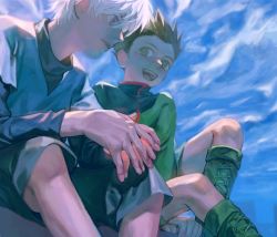 Rule 34 | 2boys, :d, arm support, bad id, bad twitter id, black hair, black shirt, black shorts, blue shirt, blue sky, boots, brown eyes, cloud, commentary, crossed legs, day, from below, gon freecss, green footwear, green jacket, hunter x hunter, jacket, jewelry, killua zoldyck, lips, long sleeves, looking at another, looking to the side, male focus, messy hair, multiple boys, open mouth, parted lips, purple eyes, shirt, short hair, shorts, sitting, sky, smile, spiked hair, teeth, turtleneck, umi (k mpk), white hair