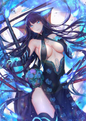 Rule 34 | 1girl, absurdres, backlighting, bare shoulders, black dress, black gloves, black headwear, black thighhighs, blue eyes, blue fire, blunt bangs, blush, breasts, center opening, dress, elbow gloves, fate/grand order, fate (series), fire, fish, flute, gloves, halo, highres, hitomin (ksws7544), huge filesize, instrument, large breasts, long hair, looking at viewer, parted lips, pipa (instrument), purple hair, side slit, thighhighs, thighs, very long hair, yang guifei (fate), yang guifei (third ascension) (fate)