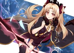 Rule 34 | 1girl, :o, black cape, blonde hair, blush, bow, cape, commentary, cowboy shot, earrings, ereshkigal (fate), fate/grand order, fate (series), fur trim, hair bow, hand up, highres, holding, holding weapon, infinity symbol, jewelry, leaning forward, looking at viewer, necklace, parted lips, red eyes, shunichi, single thighhigh, solo, spine, sword, thighhighs, tohsaka rin, two side up, weapon