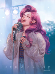Rule 34 | 1girl, absurdres, blue nails, blurry, breasts, cardigan, character name, cowboy shot, denim, earrings, eyelashes, eyeliner, facial mark, hair between eyes, hand on own chest, heart, heart earrings, highres, holding, holding microphone stand, jewelry, k/da (league of legends), league of legends, long hair, long sleeves, makeup, mascara, microphone, microphone stand, music, nail polish, open cardigan, open clothes, open mouth, pink hair, purple hair, seraphine (league of legends), shirt, singing, sleeves past wrists, solo, srasa, stage lights, star (symbol), striped clothes, striped shirt, teeth, wavy hair