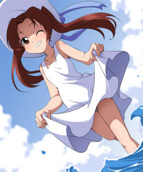 Rule 34 | 10s, 1girl, bioroid hei, brown eyes, brown hair, cloud, day, dress, girls und panzer, grin, hat, kadotani anzu, long hair, looking at viewer, ocean, one eye closed, skirt hold, sky, smile, solo, standing, sun hat, twintails, white dress, wink