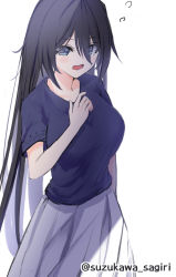Rule 34 | 1girl, black hair, black shirt, blouse, blue eyes, commentary request, kako (kancolle), kantai collection, long hair, official alternate costume, official alternate hairstyle, one-hour drawing challenge, pleated skirt, shirt, simple background, skirt, solo, suzukawa sagiri, twitter username, white background, white skirt