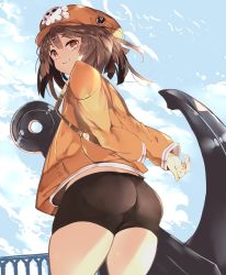 Rule 34 | 1girl, anchor, arms behind back, ass, bike shorts, bird, cloud, from behind, from below, guilty gear, guilty gear xx, highres, jacket, kyuu (plastic night q), looking at viewer, looking back, may (guilty gear), orange jacket, outdoors, seagull, skull and crossbones, sky, smile, solo