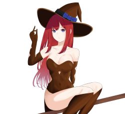 Rule 34 | 1girl, absurdres, bare legs, bare shoulders, blue bow, boots, bow, breasts, brown dress, brown footwear, brown gloves, brown hat, cleavage, closed mouth, collarbone, corset, covered navel, dress, expressionless, female focus, gloves, hair between eyes, hand up, hat, highres, knee boots, kneehighs, large breasts, legs, long hair, looking at viewer, neck, original, purple eyes, red hair, serious, sidelocks, simple background, sitting, sitting on object, socks, solo, strapless, strapless dress, talnory, white background, witch, witch hat