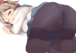 Rule 34 | 1girl, ass, bad id, bad pixiv id, black pantyhose, blue skirt, blush, brown eyes, brown hair, crotch seam, female pubic hair, from behind, hayyan, looking at viewer, looking back, one eye closed, open mouth, original, pantyhose, peeing, peeing self, pubic hair, pussy juice, see-through, simple background, skirt, solo, teeth, thighband pantyhose, top-down bottom-up, white background