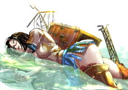 Rule 34 | 1girl, black hair, blue skirt, closed eyes, commentary request, damaged, glasses, highres, kantai collection, long hair, lying, megakura kinshi, on side, ooyodo (kancolle), partially submerged, shirt, simple background, skirt, solo, thighhighs, torn clothes, water, white background, white shirt