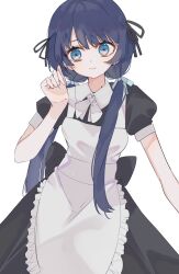 Rule 34 | 1girl, absurdres, alternate costume, apron, black dress, black ribbon, blue eyes, blue hair, blue ribbon, blush, breasts, closed mouth, collared dress, commentary, dark blue hair, dress, enmaided, frilled apron, frills, hair ribbon, hand up, highres, light smile, link! like! love live!, long hair, love live!, low twintails, maid, maid apron, medium breasts, mole, mole on neck, murano sayaka, nagisa iori, puffy short sleeves, puffy sleeves, ribbon, short sleeves, simple background, solo, twintails, virtual youtuber, white apron, white background