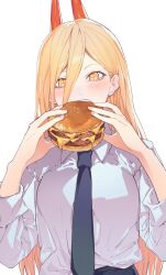 Rule 34 | 1girl, biting, black necktie, black pants, blonde hair, burger, chainsaw man, collared shirt, cross-shaped pupils, food, hair between eyes, highres, horns, long hair, looking at viewer, necktie, pants, power (chainsaw man), red horns, shirt, shirt partially tucked in, shirt tucked in, simple background, solo, symbol-shaped pupils, valentine (02140314c), white background, white shirt, yellow eyes