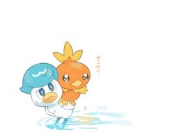 Rule 34 | blue eyes, bright pupils, closed mouth, creatures (company), crying, game freak, gen 3 pokemon, happi xfyg, nintendo, no humans, pokemon, pokemon (creature), quaxly, riding, riding pokemon, ripples, signature, standing, sweatdrop, torchic, translation request, wading, water, watery eyes, white background, white pupils