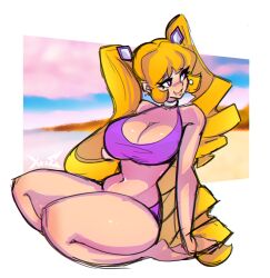 Rule 34 | 1girl, absurdres, beach, bikini, borrowed character, breasts, bright pupils, choker, cleavage, commentary, english commentary, hair behind ear, head tilt, highres, lana branford (cosmikaizer), large breasts, long hair, navel, open mouth, original, purple bikini, purple eyes, sitting, sketch, smile, soles, solo, swimsuit, twintails, uneven twintails, very long hair, white choker, white pupils, xpisigma