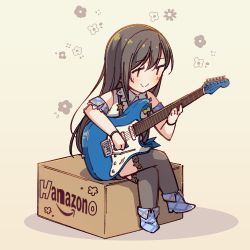 Rule 34 | 1girl, amazon (company), ayasaka, bang dream!, beige background, black hair, blue footwear, box, bracelet, brand name imitation, collared shirt, commentary request, crossed arms, detached sleeves, electric guitar, guitar, hanazono tae, instrument, jewelry, long hair, music, on box, playing instrument, shirt, short hair, sitting, sitting on box, smile, solo, star (symbol), suspenders, thighhighs
