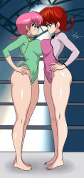 Rule 34 | 2girls, absurdres, alternate color, alternate costume, alternate form, alternate universe, artist request, ass, barefoot, blue eyes, braid, breasts, breasts squeezed together, curvy, face-to-face, from side, green leotard, gymnast leotard, hands on own hips, highleg, highleg leotard, highres, large breasts, leotard, long hair, multiple girls, official alternate costume, pink eyes, pink hair, pink leotard, ranma-chan, ranma 1/2, red hair, wide hips