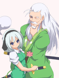 Rule 34 | 1boy, 1girl, bad id, bad pixiv id, beard, blue eyes, facial hair, flower, hair ribbon, hairband, hand on own chin, holding, japanese clothes, katana, konpaku youki, konpaku youmu, konpaku youmu (ghost), long hair, looking at viewer, manly, mustache, okaki, old, old man, one eye closed, ribbon, sheath, short hair, silver hair, simple background, skirt, skirt set, smile, stroking own chin, sword, touhou, vest, weapon, white background, wink