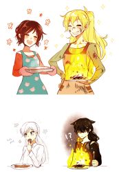 Rule 34 | 4girls, apron, bad food, black hair, blake belladonna, blonde hair, burnt food, cookie, english text, fire, food, kuma (bloodycolor), multiple girls, red hair, ruby rose, rwby, smile, smudge, weiss schnee, white hair, yang xiao long