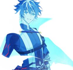 Rule 34 | 1boy, asymmetrical sleeves, blue eyes, blue theme, cape, charlemagne (fate), chest belt, fate/grand order, fate (series), grin, hand on own hip, highres, idass (idass16), looking at viewer, male focus, multicolored hair, short hair, simple background, smile, solo, two-tone hair, upper body, vest, white background