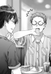 Rule 34 | 2boys, ^^^, asamura yuuta, blush, breast pocket, cake, collarbone, collared shirt, commentary request, cup, diner, drink, drinking straw, food, gimai seikatsu, glasses, greyscale, hand on own chin, hand up, hiten (hitenkei), monochrome, multiple boys, novel illustration, official art, opaque glasses, open mouth, pocket, second-party source, shirt, short hair, short sleeves, sitting, striped clothes, striped shirt, vertical-striped clothes, vertical-striped shirt